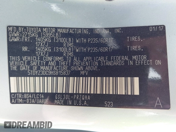 2017 Toyota Sienna XLE Auto Access Seat with VIN 5TDYZ3DC9HS815837, listed as a IAAI auction lot 41625844 with 102,956 mi miles and . Bid and sale history available at DreamBid. Image 9.