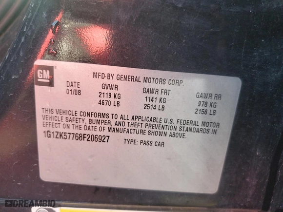 2008 Chevrolet Malibu LTZ with VIN 1G1ZK57768F206927, listed as a Copart auction lot 46655495 with 197,384 mi miles and Salvage Title. Bid and sale history available at carsss.com. Image 13.
