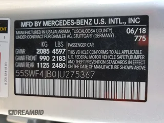 2018 Mercedes-Benz C 300 with VIN 55SWF4JB0JU275367, listed as a Copart auction lot 50391455 with 66,099 mi miles and Salvage title. Bid and sale history available at DreamBid. Image 14.