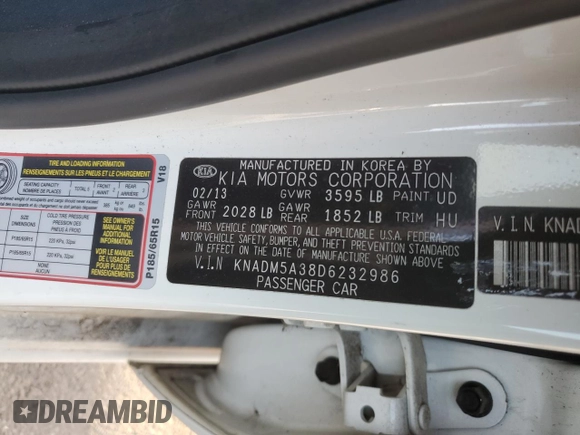 2013 Kia Rio LX with VIN KNADM5A38D6232986, listed as a Copart auction lot 50928325 with 68,799 mi miles and Salvage Title. Bid and sale history available at DreamBid. Image 13.