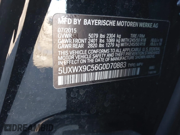 2016 BMW X3 xDrive28i with VIN 5UXWX9C56G0D70883, listed as a IAAI auction lot 41737774 with Not Provided miles and . Bid and sale history available at DreamBid. Image 9.
