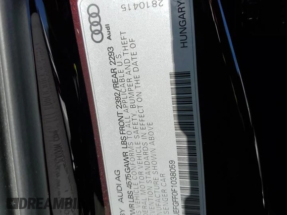 2015 Audi A3 2.0T Premium Plus with VIN WAUEFGFF0F1038059, listed as a Copart auction lot 61135833 with 58,787 mi miles. Bid and sale history available at carsss.com. Image 12.