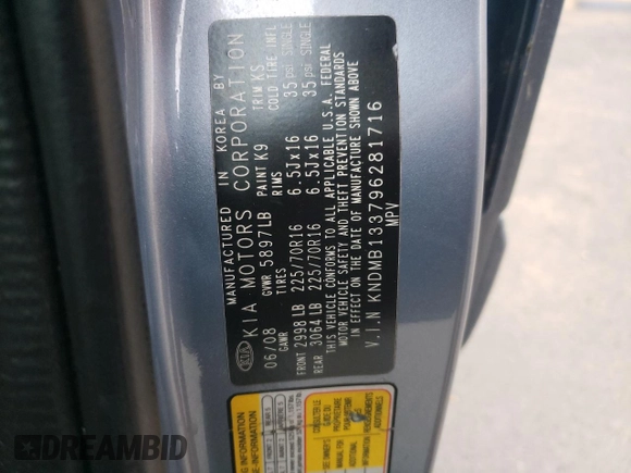 2009 Kia Sedona with VIN KNDMB133796281716, listed as a Copart auction lot 58398774 with 250,680 mi miles and Salvage Title. Bid and sale history available at carsss.com. Image 14.