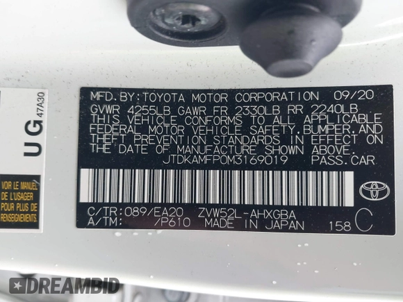 2021 Toyota Prius LE with VIN JTDKAMFP0M3169019, listed as a IAAI auction lot 41481098 with 84,304 mi miles and . Bid and sale history available at DreamBid. Image 9.