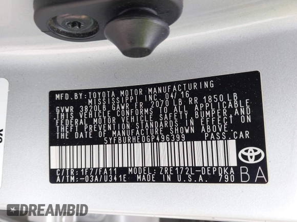 2016 Toyota Corolla L with VIN 5YFBURHE0GP496399, listed as a IAAI auction lot 41931774 with 113,842 mi miles and . Bid and sale history available at DreamBid. Image 9.