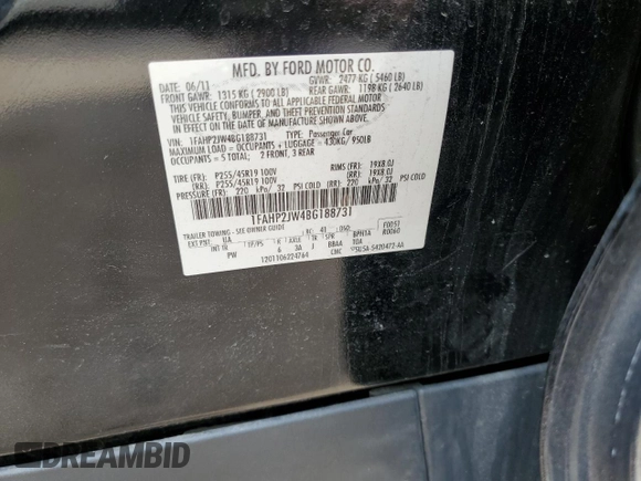 2011 Ford Taurus Limited with VIN 1FAHP2JW4BG188731, listed as a Copart auction lot 60748765 with Not provided miles and Salvage title. Bid and sale history available at DreamBid. Image 12.