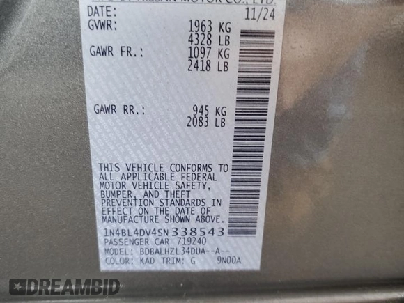 2025 Nissan Altima SV with VIN 1N4BL4DV4SN338543, listed as a Copart auction lot 54542485 with 9,179 mi miles and Clean Title. Bid and sale history available at DreamBid. Image 12.