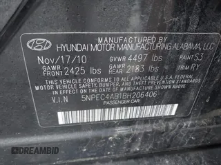 2011 Hyundai Sonata SE with VIN 5NPEC4AB1BH206406, listed as a IAAI auction lot 42178981 with 137,063 mi miles and . Bid and sale history available at carsss.com. Image 9.