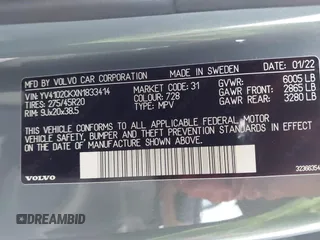 2022 Volvo XC90 Momentum with VIN YV4102CKXN1833414, listed as a IAAI auction lot 41167764 with 30,566 mi miles and . Bid and sale history available at DreamBid. Image 9.