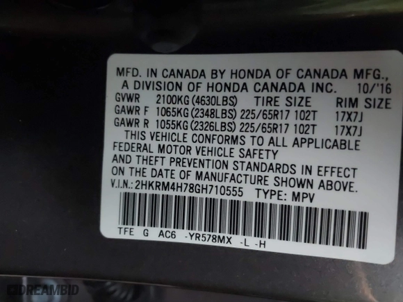 2016 Honda CR-V EX-L with VIN 2HKRM4H78GH710555, listed as a IAAI auction lot 40891476 with 63,979 mi miles. Bid and sale history available at carsss.com. Image 9.