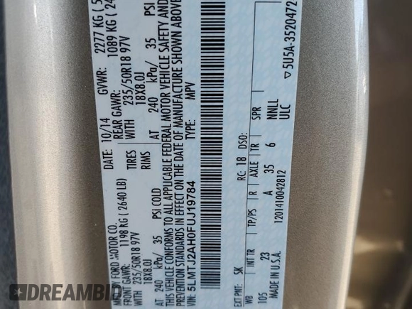 2015 Lincoln MKC with VIN 5LMTJ2AH0FUJ19784, listed as a Copart auction lot 51112455 with 72,123 mi miles and Salvage Title. Bid and sale history available at DreamBid. Image 13.