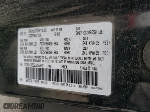 2002 Dodge 1500 z VIN 1D7HU18Z32J255342, wystawiony jako Copart lot #51678385 z przebiegiem 195 161 mil mil oraz Szkoda całkowita • Salvage title. Historia ofert i sprzedaży dostępna na DreamBid. Obrazek 13.