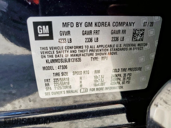 2020 Buick Encore GX Select with VIN KL4MMDSL6LB131635, listed as a Copart auction lot 59804535 with 74,959 mi miles and Salvage title. Bid and sale history available at DreamBid. Image 13.