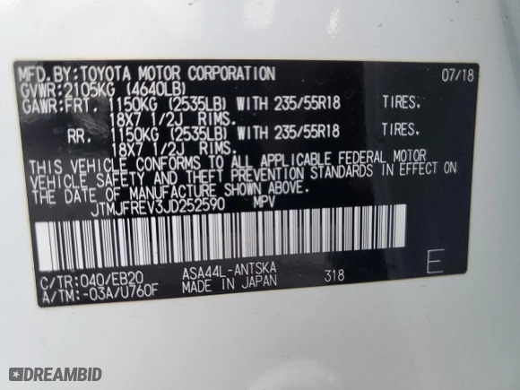 2018 Toyota RAV4 SE with VIN JTMJFREV3JD252590, listed as a Copart auction lot 76055774 with 51,673 mi miles and Non Repairable. Bid and sale history available at carsss.com. Image 14.