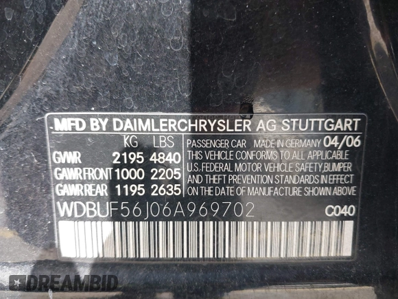 2006 Mercedes-Benz E 350 with VIN WDBUF56J06A969702, listed as a IAAI auction lot 41912561 with 207,500 mi miles and . Bid and sale history available at DreamBid. Image 9.