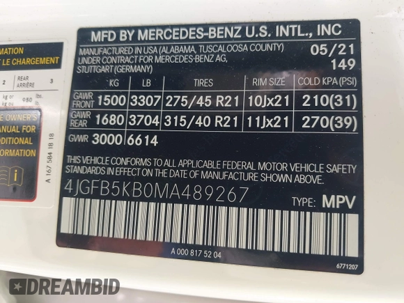 2021 Mercedes-Benz GLE 450 с VIN 4JGFB5KB0MA489267, выставлен на аукционе IAAI как лот 41709186 с пробегом 47 398 миль миль и . История ставок и продаж доступна на DreamBid. Изображение 9.