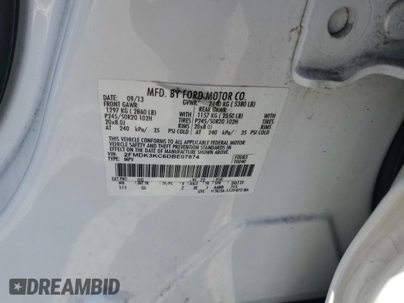 2013 Ford Edge Limited with VIN 2FMDK3KC6DBE07874, listed as a Copart auction lot 62409265 with 171,978 mi miles and Salvage title. Bid and sale history available at DreamBid. Image 13.