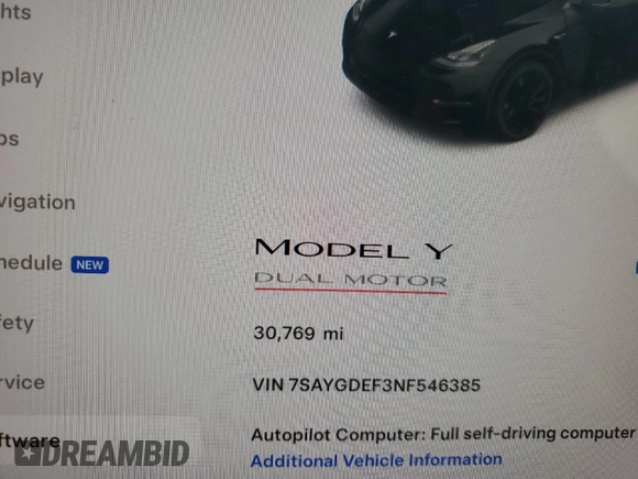2022 Tesla Model Y Performance with VIN 7SAYGDEF3NF546385, listed as a Copart auction lot 83784984 with 30,769 mi miles and Salvage Title. Bid and sale history available at DreamBid. Image 9.