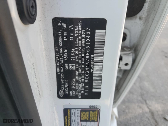 2015 Kia Optima EX with VIN 5XXGN4A79FG510437, listed as a Copart auction lot 51452685 with 0 mi miles and Salvage Title. Bid and sale history available at carsss.com. Image 13.
