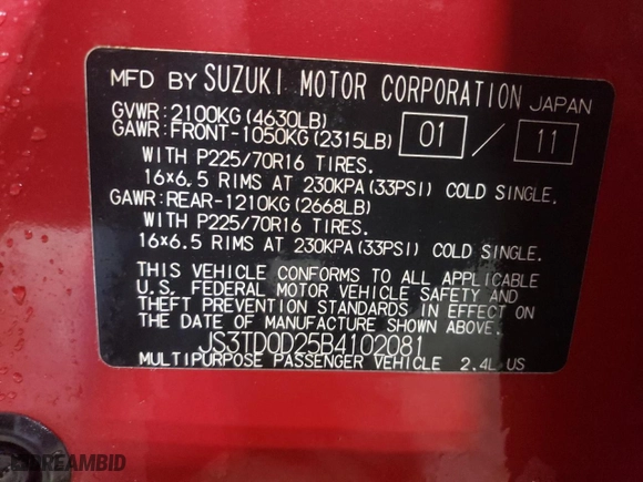 2011 Suzuki Grand Vitara Premium with VIN JS3TD0D25B4102081, listed as a Copart auction lot 43978955 with 310,535 mi miles and Salvage Title. Bid and sale history available at carsss.com. Image 14.