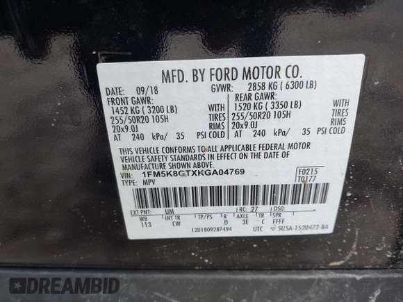 2019 Ford Explorer Sport with VIN 1FM5K8GTXKGA04769, listed as a IAAI auction lot 41651177 with 82,801 mi miles and . Bid and sale history available at DreamBid. Image 9.
