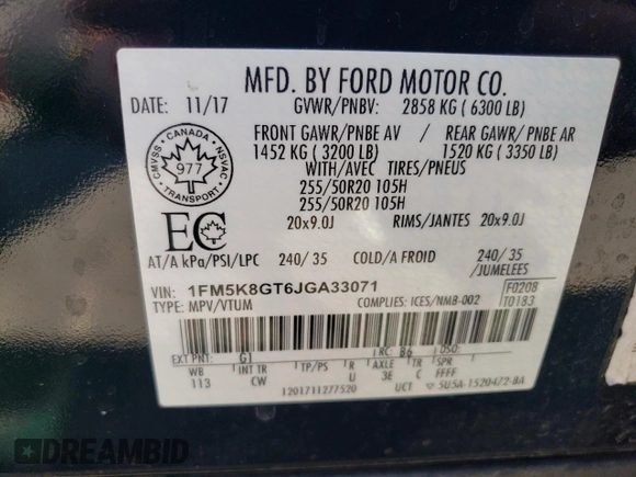 2018 Ford Explorer Sport z VIN 1FM5K8GT6JGA33071, wystawiony jako Copart lot #61749655 z przebiegiem 113 206 mil mil oraz Szkoda całkowita • Salvage title. Historia ofert i sprzedaży dostępna na DreamBid. Obrazek 14.