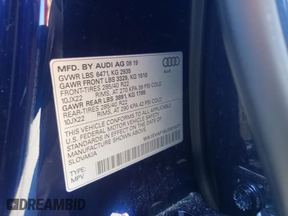 2020 Audi Q8 Premium Plus with VIN WA1EVAF19LD001877, listed as a Copart auction lot 40738583 with 0 mi miles. Bid and sale history available at carsss.com. Image 13.