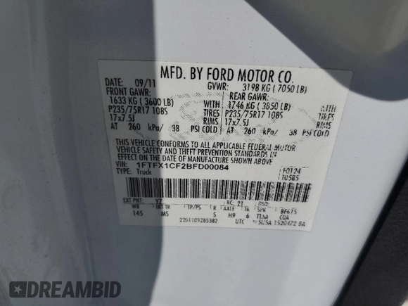 2011 Ford F-150 XL with VIN 1FTFX1CF2BFD00084, listed as a Copart auction lot 57750125 with 241,875 mi miles and Salvage title. Bid and sale history available at DreamBid. Image 12.