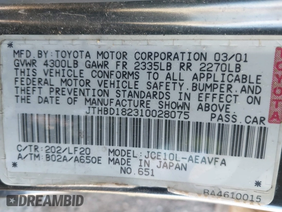 2001 Lexus IS 300/350 with VIN JTHBD182310028075, listed as a IAAI auction lot 41460311 with 232,847 mi miles and . Bid and sale history available at carsss.com. Image 9.