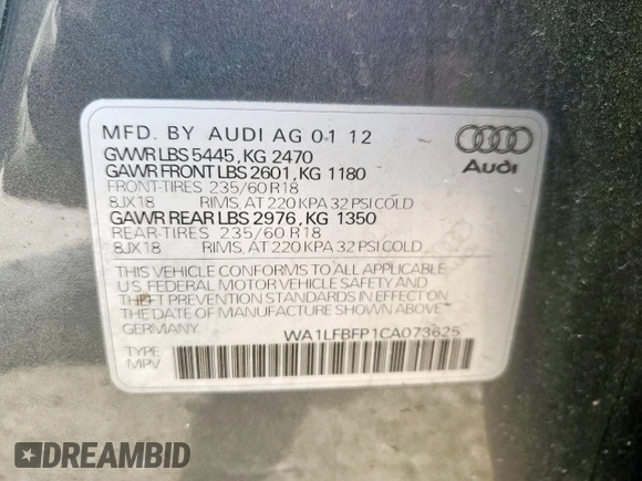 2012 Audi Q5 Premium Plus с VIN WA1LFBFP1CA073625, выставлен на аукционе Copart как лот 60257345 с пробегом 165 643 миль миль и Списание • Salvage title. История ставок и продаж доступна на DreamBid. Изображение 14.