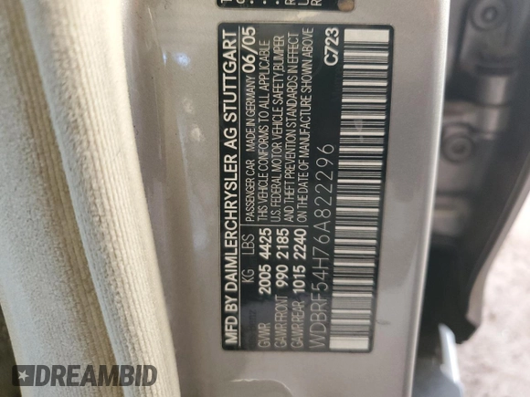 2006 Mercedes-Benz C 280 Luxury with VIN WDBRF54H76A822296, listed as a Copart auction lot 44779465 with 212,600 mi miles and Salvage Title. Bid and sale history available at DreamBid. Image 14.