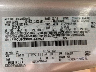 2013 Ford Escape SE with VIN 1FMCU9G99DUA46933, listed as a Copart auction lot 52205435 with 122,511 mi miles and Clean Title. Bid and sale history available at carsss.com. Image 13.