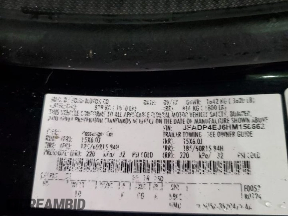 2017 Ford Fiesta SE with VIN 3FADP4EJ6HM156662, listed as a Copart auction lot 47542925 with Not Provided miles and Non Repairable. Bid and sale history available at DreamBid. Image 13.