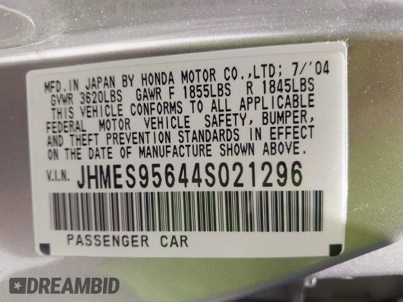 2004 Honda Civic Hybrid with VIN JHMES95644S021296, listed as a IAAI auction lot 42153296 with 281,563 mi miles. Bid and sale history available at carsss.com. Image 9.