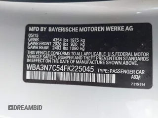 2015 BMW 4 Series 428i with VIN WBA3N7C54FK225045, listed as a IAAI auction lot 42042980 with 72,909 mi miles. Bid and sale history available at carsss.com. Image 9.