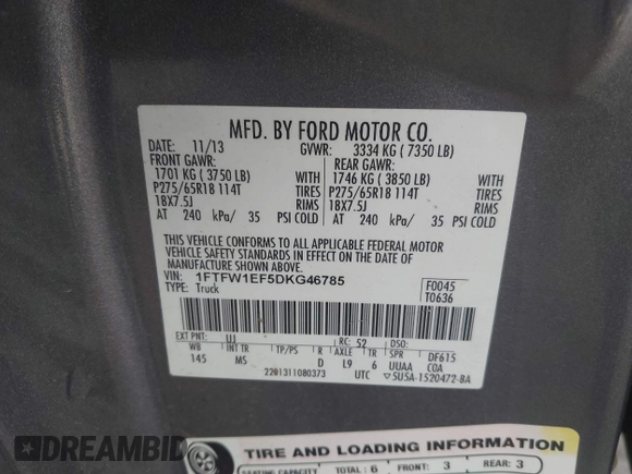 2013 Ford F-150 XL with VIN 1FTFW1EF5DKG46785, listed as a IAAI auction lot 42623845 with 197,950 mi miles and . Bid and sale history available at DreamBid. Image 9.