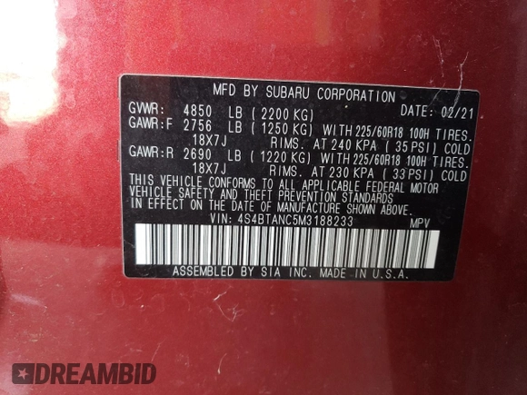 2021 Subaru Outback Limited with VIN 4S4BTANC5M3188233, listed as a Copart auction lot 58752495 with 73,973 mi miles and Salvage title. Bid and sale history available at DreamBid. Image 12.