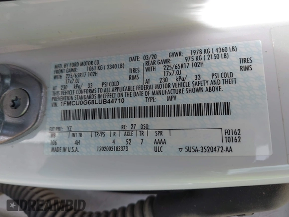 2020 Ford Escape SE z VIN 1FMCU0G68LUB44710, wystawiony jako IAAI lot #42545274 z przebiegiem Nie podano mil oraz . Historia ofert i sprzedaży dostępna na DreamBid. Obrazek 9.