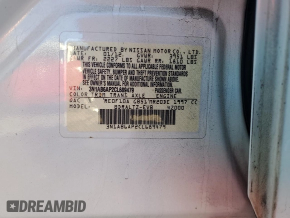 2012 Nissan Sentra S with VIN 3N1AB6AP2CL689479, listed as a Copart auction lot 82641334 with 147,195 mi miles and Salvage Title. Bid and sale history available at DreamBid. Image 14.