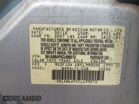 2012 Nissan Sentra S with VIN 3N1AB6APXCL699273, listed as a IAAI auction lot 42405718 with 145,401 mi miles and . Bid and sale history available at DreamBid. Image 9.