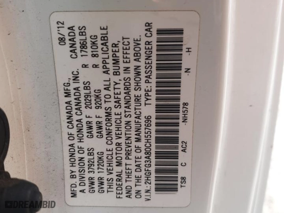 2012 Honda Civic Cpe EX with VIN 2HGFG3A80CH557696, listed as a Copart auction lot 41619155 with 116,385 mi miles and Non Repairable. Bid and sale history available at carsss.com. Image 14.