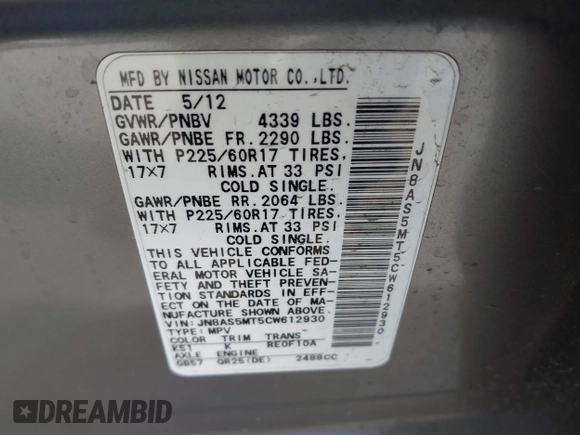 2012 Nissan Rogue SL with VIN JN8AS5MT5CW612930, listed as a IAAI auction lot 42105358 with 126,638 mi miles and . Bid and sale history available at DreamBid. Image 9.