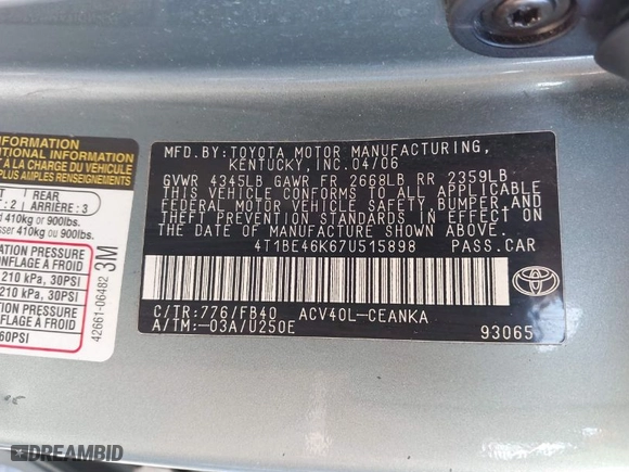 2007 Toyota Camry CE with VIN 4T1BE46K67U515898, listed as a IAAI auction lot 41661251 with 230,972 mi miles. Bid and sale history available at carsss.com. Image 9.