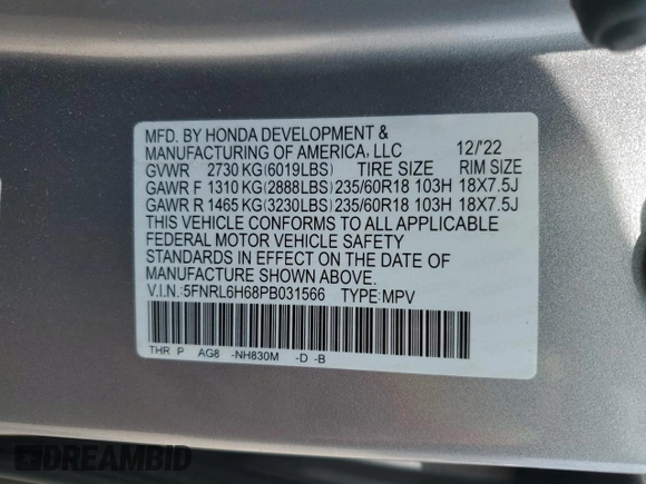 2023 Honda Odyssey EX-L z VIN 5FNRL6H68PB031566, wystawiony jako Copart lot #56232025 z przebiegiem 42 537 mil mil oraz Szkoda całkowita • Salvage title. Historia ofert i sprzedaży dostępna na DreamBid. Obrazek 14.