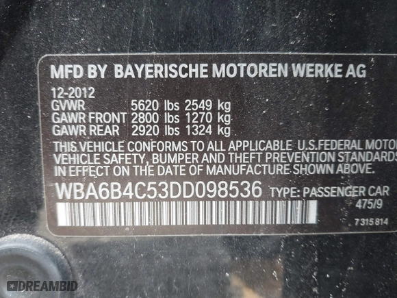 2013 BMW 6 Series 650i xDrive with VIN WBA6B4C53DD098536, listed as a IAAI auction lot 41825107 with 999,999 mi miles. Bid and sale history available at carsss.com. Image 9.