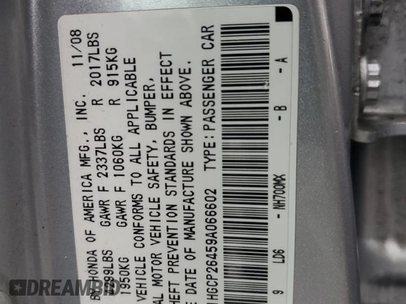 2009 Honda Accord LX-P z VIN 1HGCP26459A066602, wystawiony jako Copart lot #58708515 z przebiegiem 198 928 mil mil oraz Szkoda całkowita • Salvage title. Historia ofert i sprzedaży dostępna na DreamBid. Obrazek 12.