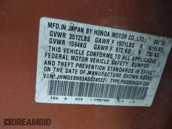 2010 Honda Fit Sport with VIN JHMGE8H63AS024532, listed as a IAAI auction lot 41469799 with 167,750 mi miles and . Bid and sale history available at DreamBid. Image 9.