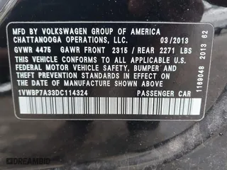 2013 Volkswagen Passat SE with VIN 1VWBP7A33DC114324, listed as a IAAI auction lot 41609521 with 110,229 mi miles. Bid and sale history available at carsss.com. Image 9.