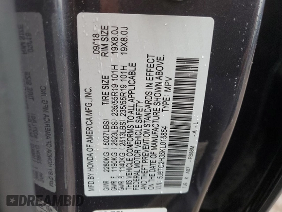 2019 Acura RDX with VIN 5J8TC2H35KL015854, listed as a Copart auction lot 47103995 with 93,090 mi miles and Salvage title. Bid and sale history available at DreamBid. Image 13.