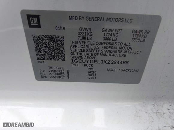 2019 Chevrolet Silverado 1500 LTZ with VIN 1GCUYGEL3KZ324466, listed as a IAAI auction lot 41988993 with 86,721 mi miles. Bid and sale history available at carsss.com. Image 9.